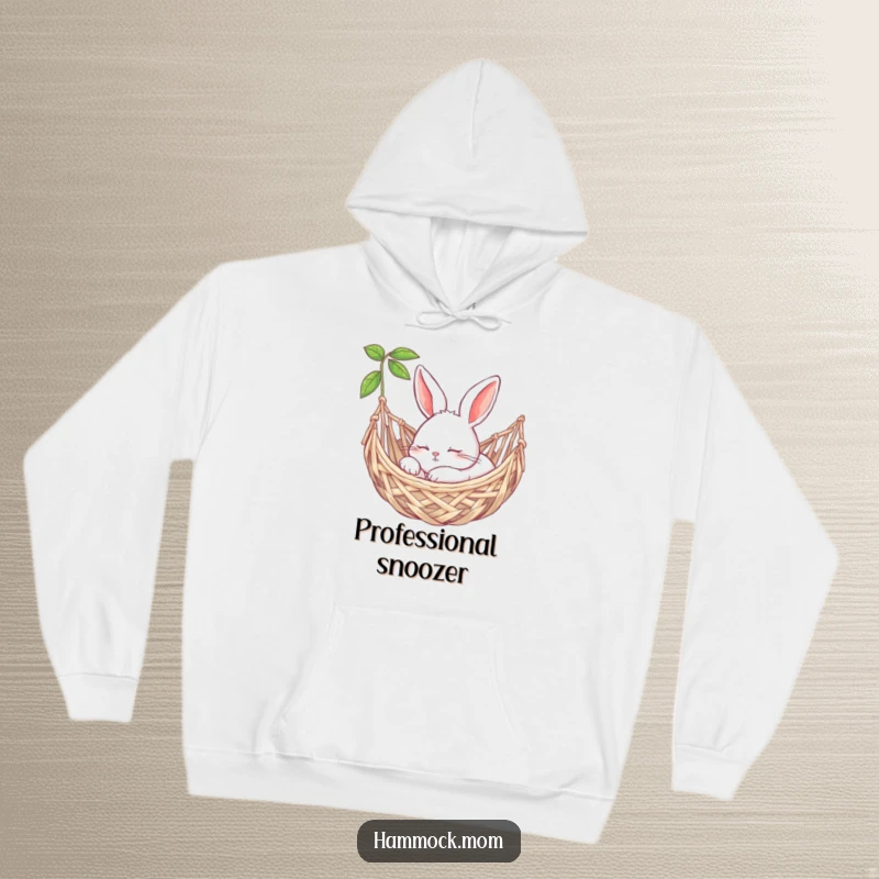 Funny bunny peacefully snoozing in a woven hammock on a warm hoodie, ideal for cozying up.