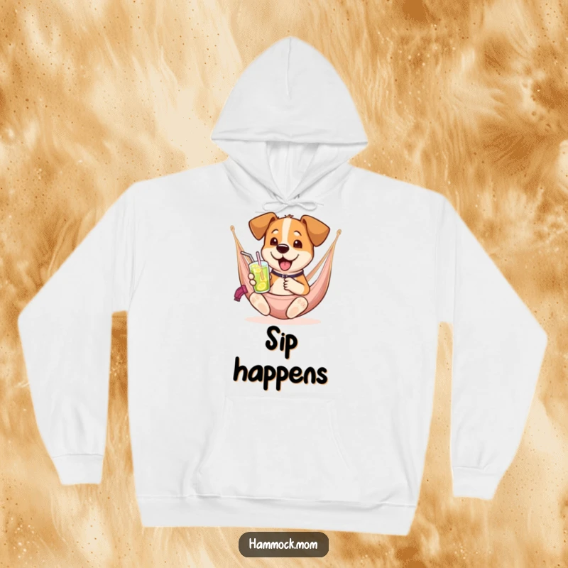 Funny dog hoodie showing a dog lounging in a hammock with a drink, perfect for cozy, humorous celebrations.