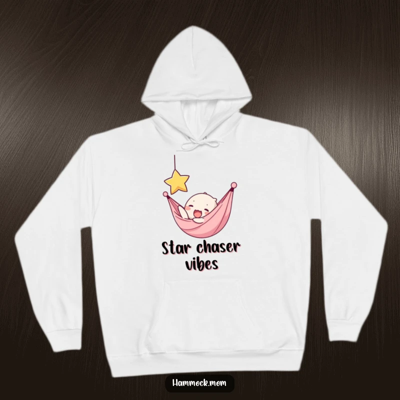 Funny hoodie featuring a kawaii hammock character yawning, reaching for a star, perfect for cozy contemplation and dreams.