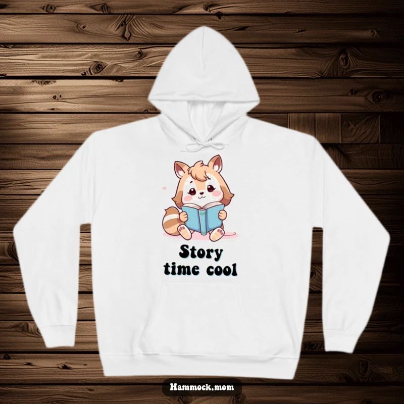Funny playful animal character lounging while reading a book, soft and humorous hoodie.