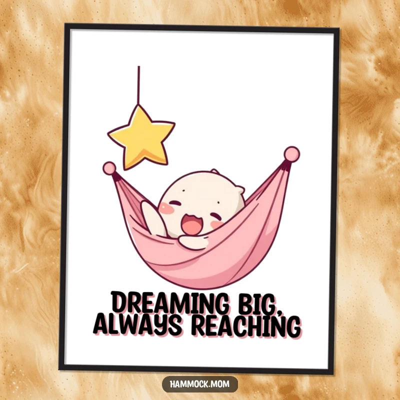 Funny Free Printable Wall Art: Kawaii hammock character yawning but reaching for a star, capturing the beautiful struggle of ambition.