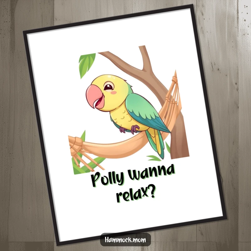 Funny Free Printable Wall Art: A giggling parrot perched by a hammock, with an expression of pure amusement and wit.
