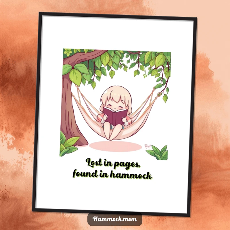 Funny free printable wall art of a character reading a book while relaxing in a hammock, wonderful downloadable art.