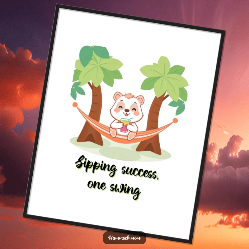 Funny Free Printable Wall Art of a smiling animal with a drink, chilling in a hammock between trees, great decor.