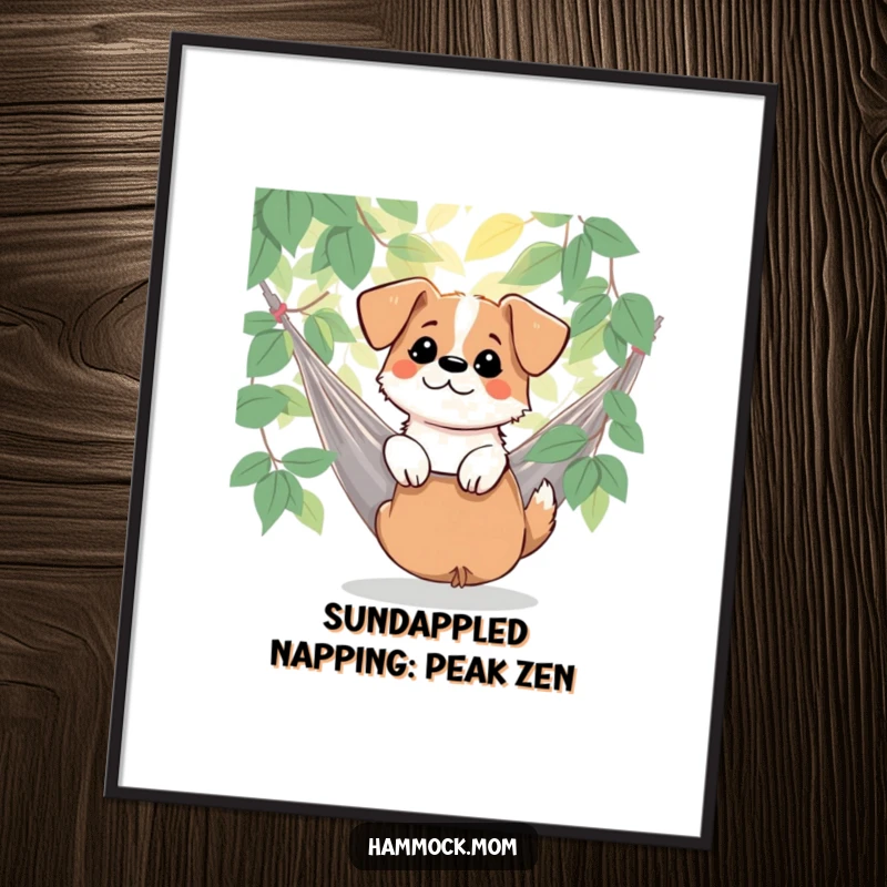 Funny Free Printable Wall Art: Dog in hammock watches dappled sunlight filter through leaves, tranquil humorous decor.