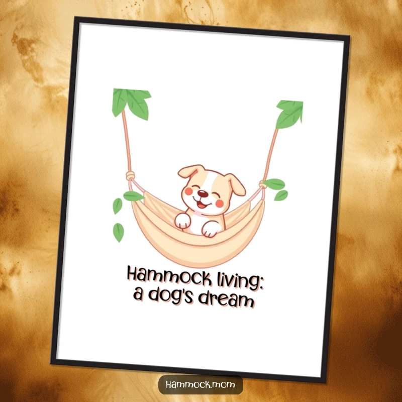 Funny Free Printable Wall Art: Dog smiling dreamily in a swinging hammock, relaxing downloadable art for a peaceful home.