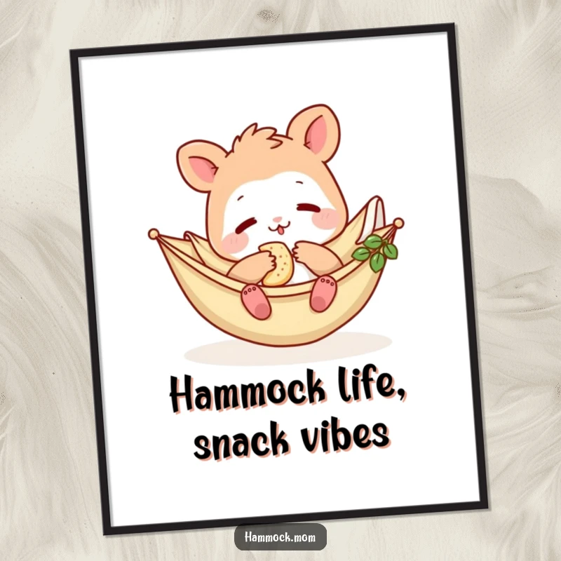 Funny Free Printable wall art of a mom animal lounging lazily in a hammock while enjoying a snack, perfect decor.