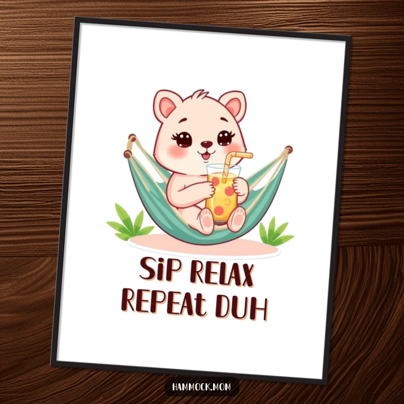 Funny free printable wall art shows a mom animal relaxing in a hammock, holding a refreshing drink with a straw.