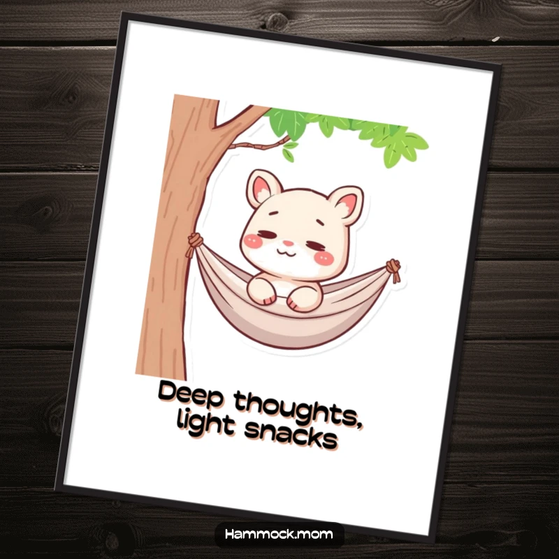 Funny Free Printable wall art depicting a mom animal relaxing in a hammock, lost in thought with a faint smile.