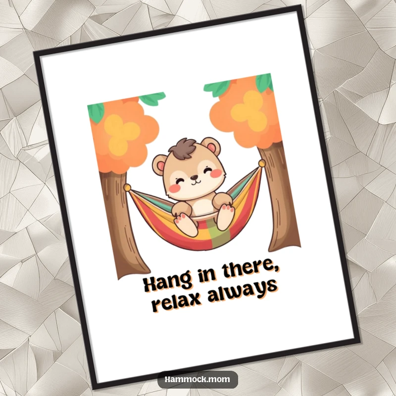Funny Free Printable Wall Art of a relaxed animal character gently swaying in a colorful hammock between two trees.