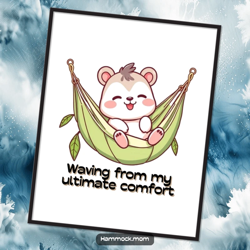 Funny Free Printable Wall Art: A cute animal character in a hammock waving lazily, lounging in comfort.
