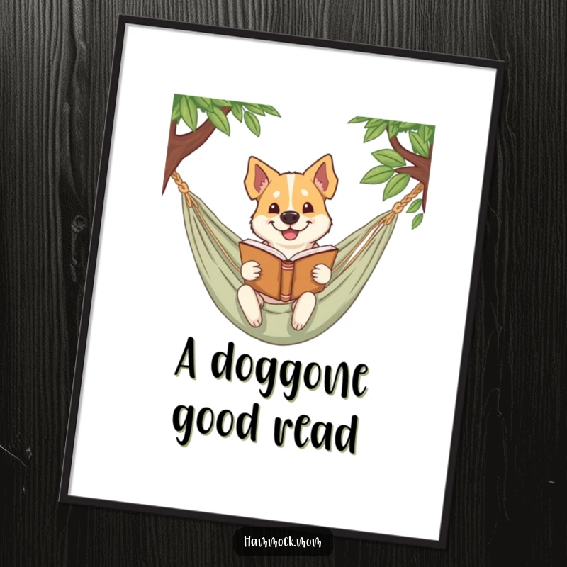 Funny Free Printable Wall Art of a dog with a playful smirk reading a book in a hammock. Intellectual and amusing decor.