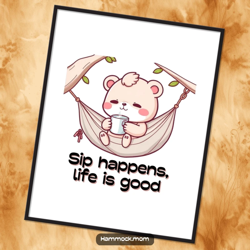 Funny Free Printable Wall Art: Kawaii animal lounging in a hammock, sipping a drink with eyes closed in contentment.