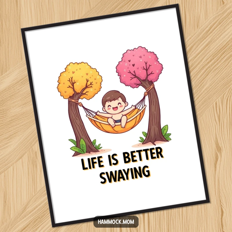 Funny Free Printable Wall Art: A happy character is blissfully swaying in a hammock between two vibrant, colorful trees.