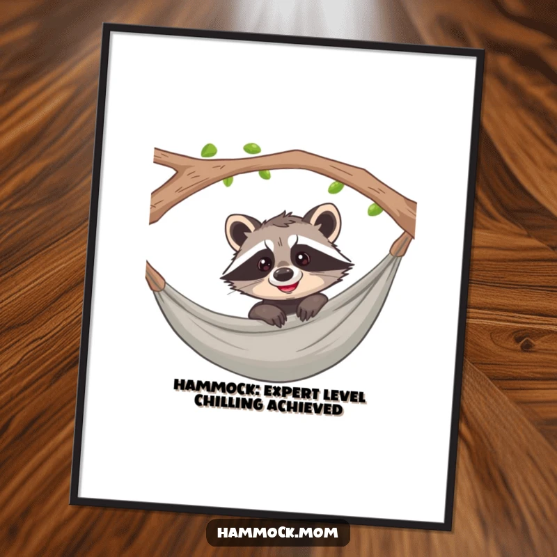 Funny Free Printable Wall Art: Playful raccoon peeking from a hammock with a cheeky grin, perfect for a fun space.