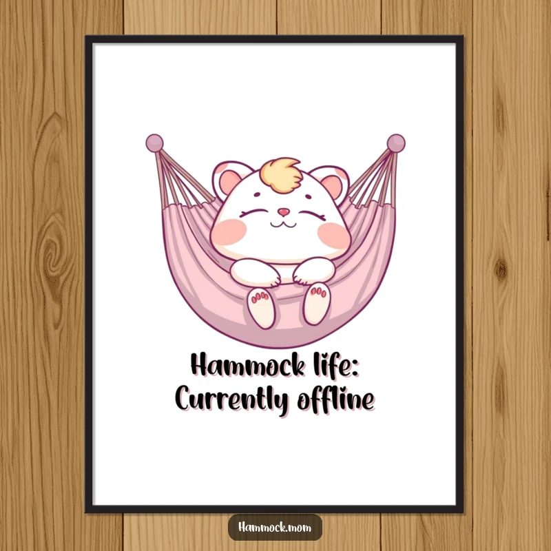 Funny free printable wall art of a mom animal blissfully relaxing with eyes closed in a hammock, perfect decor.