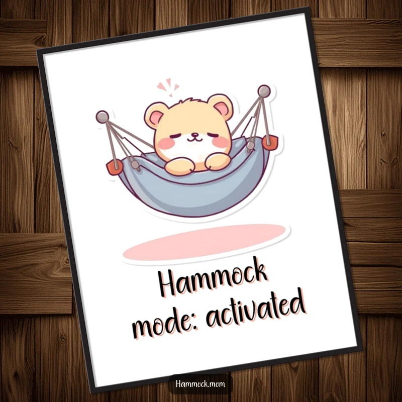 Funny Free Printable Wall Art: Kawaii animal relaxing deeply in a miniature hammock, sighing contentedly, cozy decor.