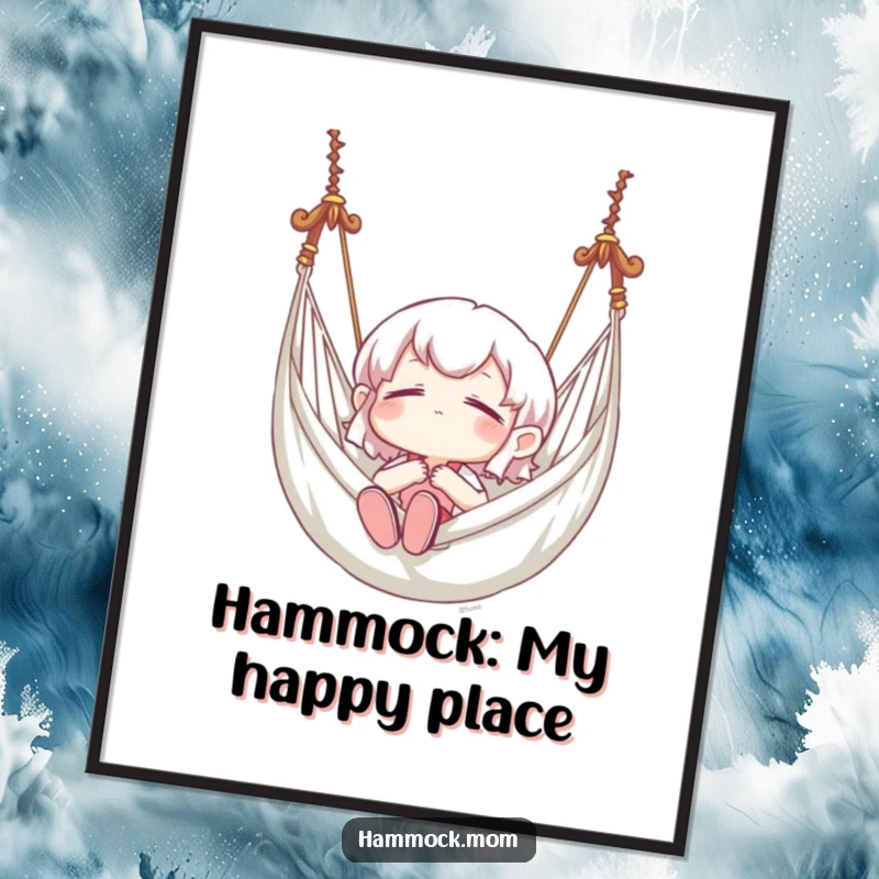 Funny free printable wall art of a character gently swinging in a hammock, eyes closed in bliss, excellent downloadable art.