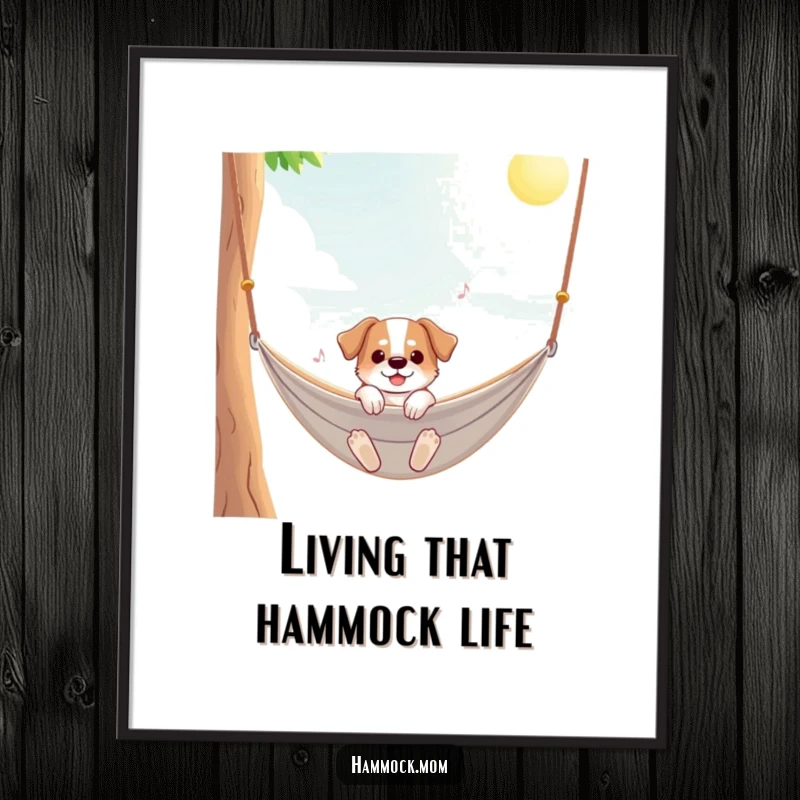 Funny Free Printable Wall Art of a dog blissfully swaying in a hammock under a radiant sun. Feel-good decor.