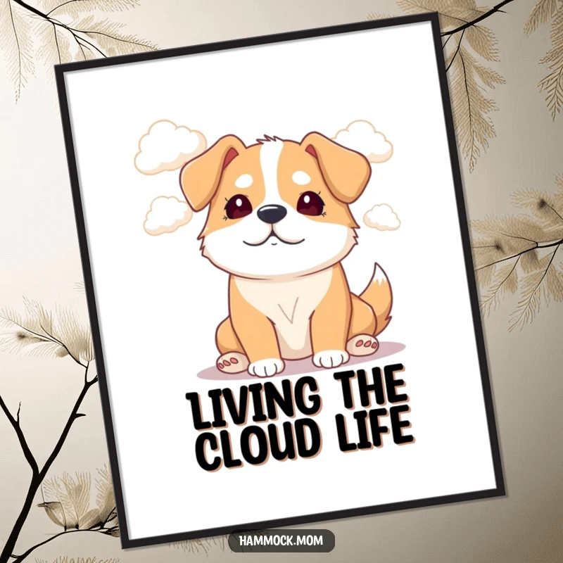 Funny Free Printable Wall Art of a mama dog with a dreamy expression watching fluffy clouds float by.