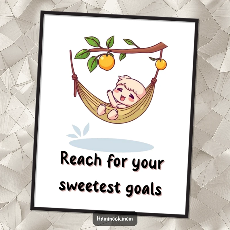 Funny Free Printable Wall Art: Character reaching for fruit in a hammock, embodying a carefree and humorous lifestyle.