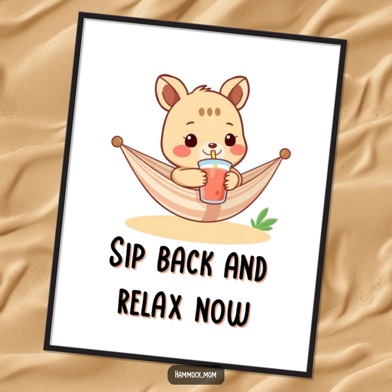 Funny Free Printable Wall Art: A hammock animal artistically offers a cool drink with a straw, radiating relaxed cool.