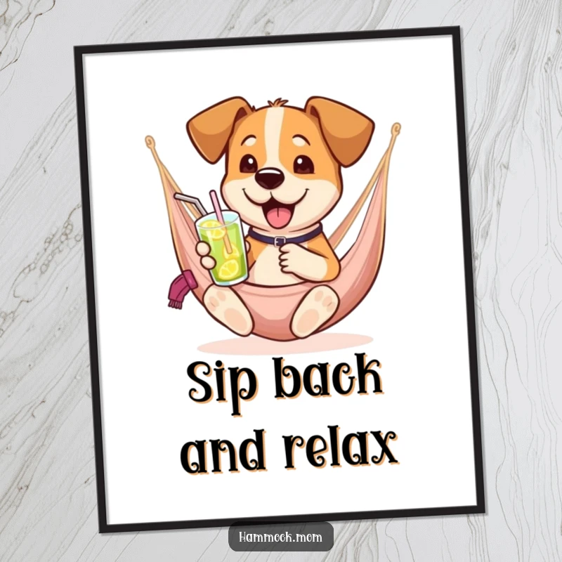 Funny Free Printable Wall Art of a dog chilling with a drink in a hammock. Relaxed and humorous home decor.