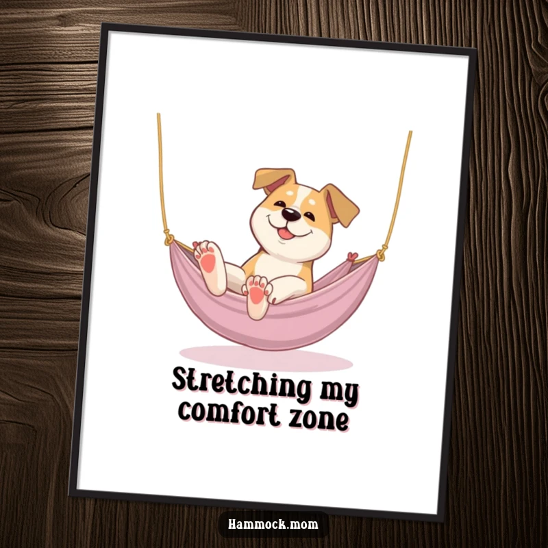 Funny Free Printable Wall Art of a dog stretching its paws in a cozy hammock. Ultimate relaxation for your home.