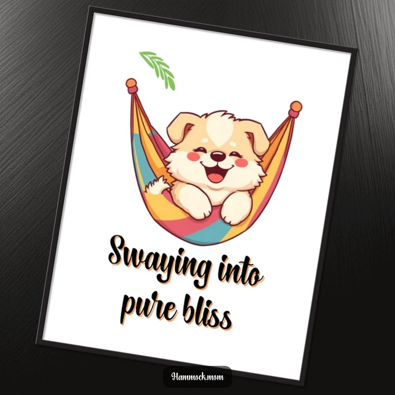 Funny Free Printable Wall Art: Fluffy mama dog with a wide smile, blissfully swaying in a hammock.
