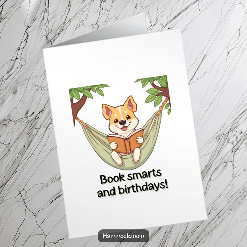 Funny Free Printable Birthday Card featuring a dog smirking while reading a book in a hammock. Smart and humorous.