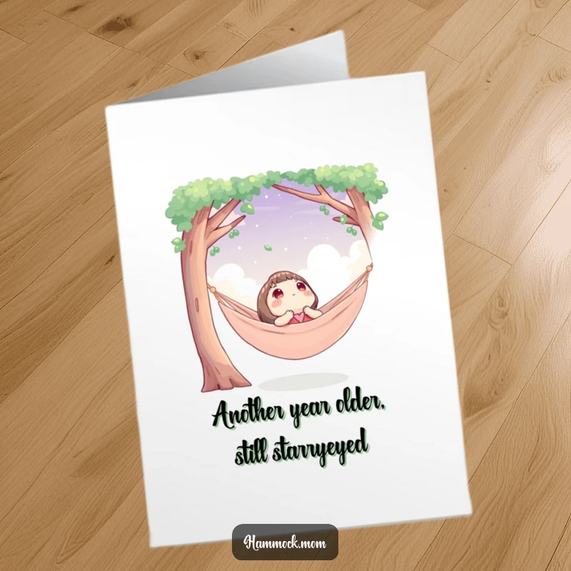 Funny Free Printable Birthday Card: Character gazes at the sky from a cozy hammock, dreaming of happy birthday wishes.