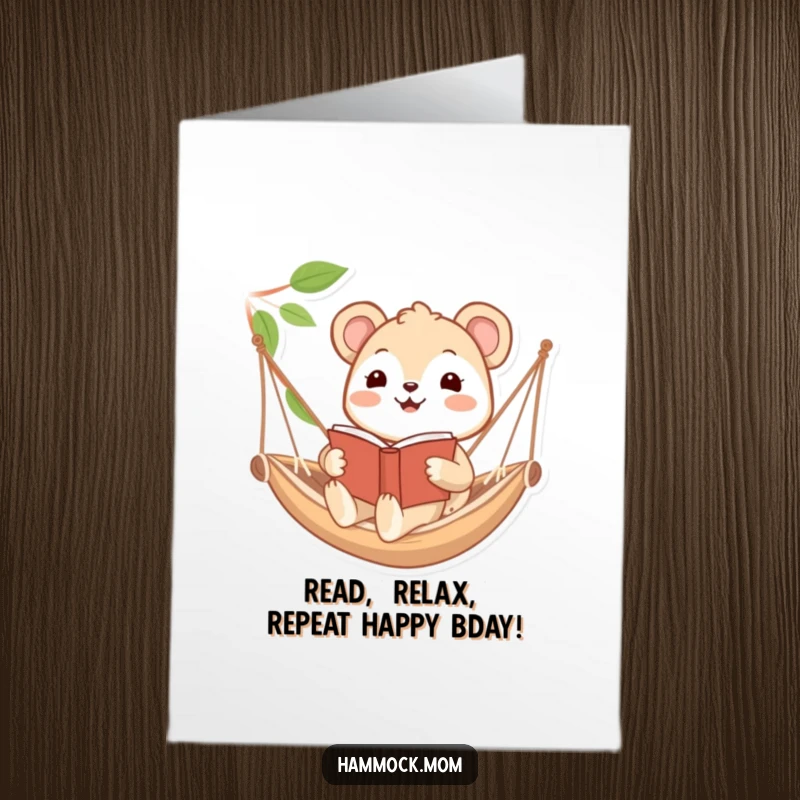 Funny Free Printable Birthday Card featuring a happy animal reading in a gently swaying hammock, a unique downloadable gift.