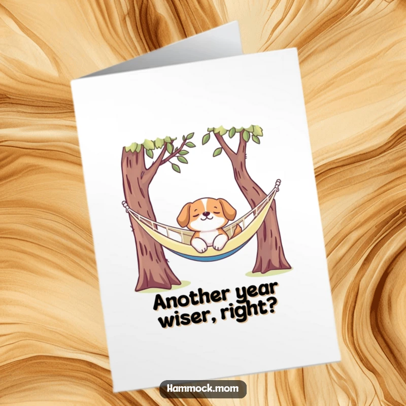 Funny Free Printable Birthday Card featuring a content dog snoozing peacefully in a hammock. Pure relaxation vibes inside!