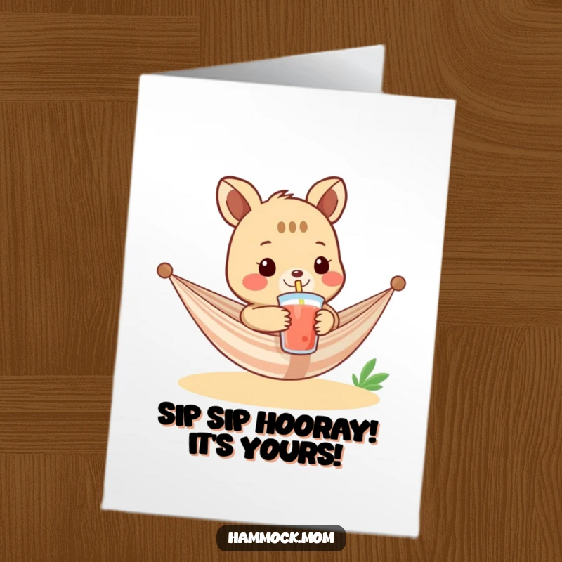 Funny Free Printable Birthday Card: A hammock animal extends a refreshing drink with a straw, wishing a cool birthday.