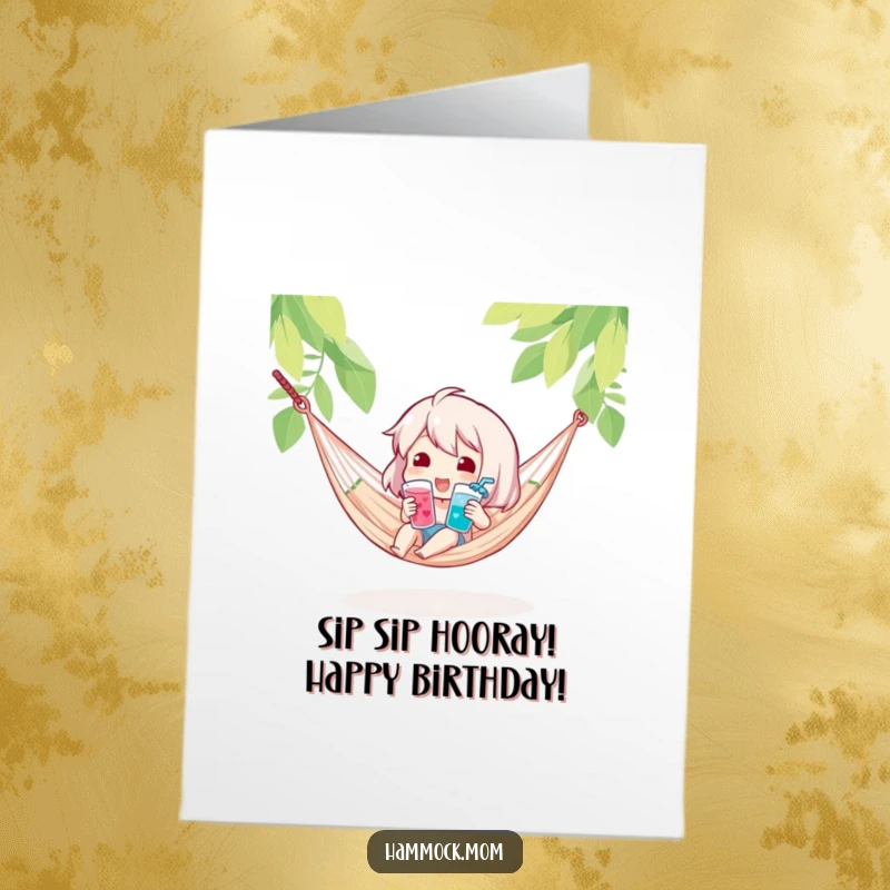 Funny free printable birthday card showing a character happily holding a cool drink while in a hammock, a festive downloadable gift.