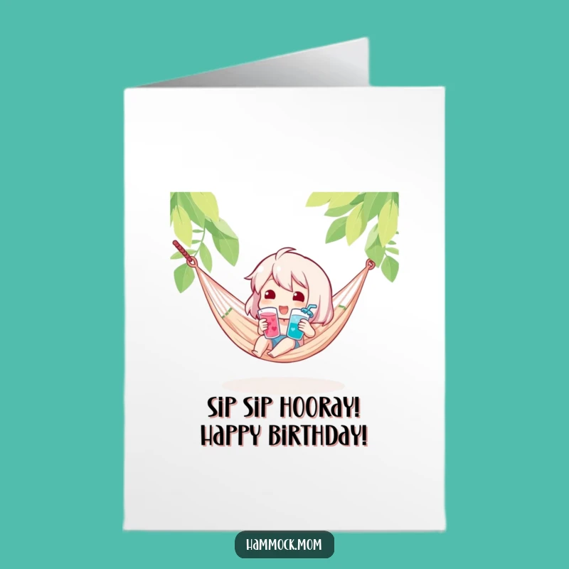 Free Printable Birthday Card: Cool Drink Hammock Character, Festive Downloadable Gift