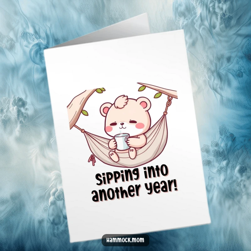 Funny Free Printable Birthday Card: Kawaii animal in a hammock, sipping from a tiny cup with a happy sigh.