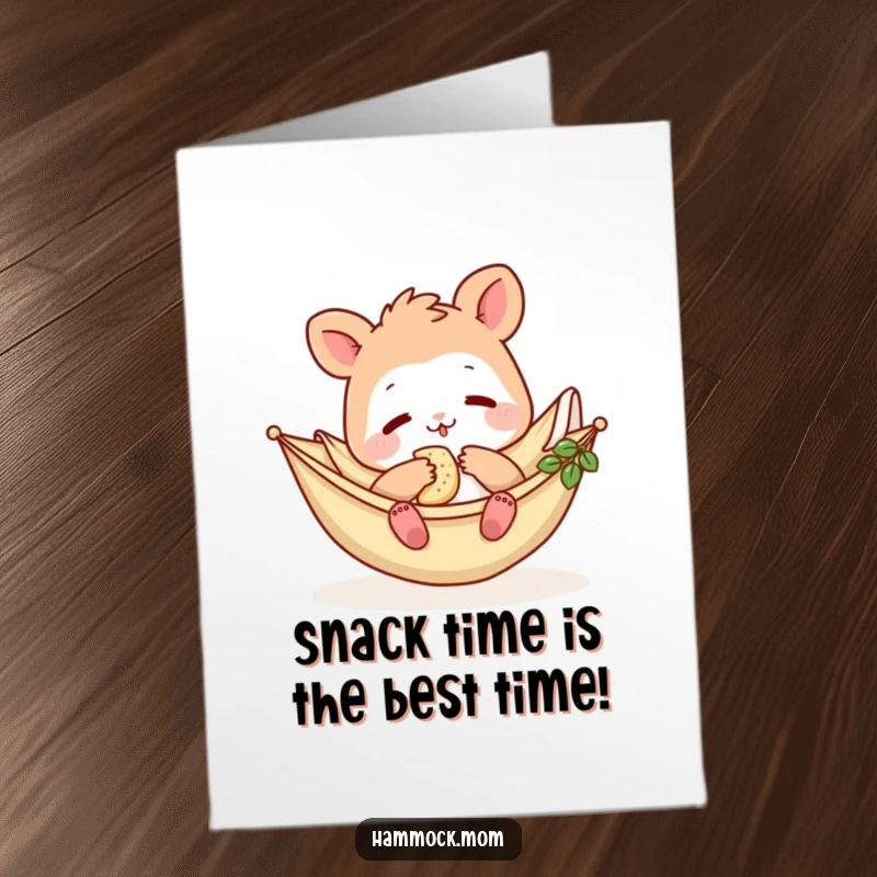 Funny Free Printable birthday card featuring a relaxed mom animal in a hammock snacking, perfect for a humorous DIY gift.