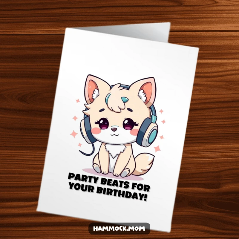 Funny Free Printable Birthday Card: Energetic animal jamming to music with headphones, celebrating a birthday beat.