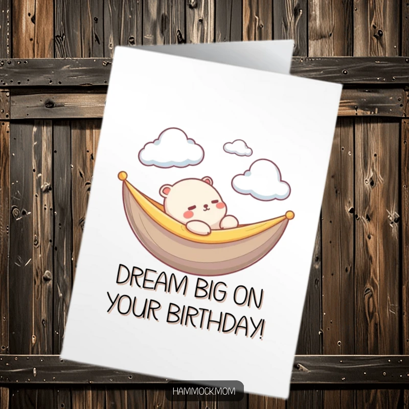 Funny Free Printable Birthday Card: Kawaii animal lounging in a hammock, eyes on floating clouds, blissful and serene.