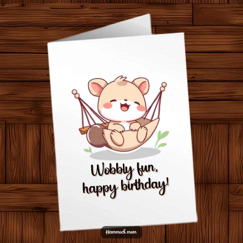 Funny Free Printable Birthday Card with a giggling animal whose hammock is tipping, a fun downloadable gift.