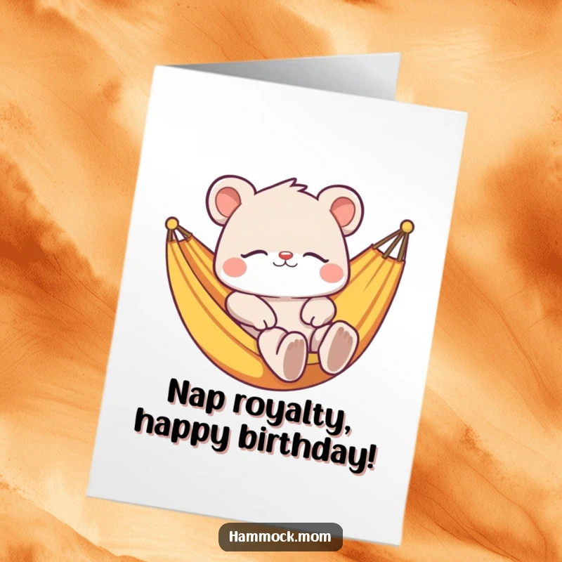 Funny Free Printable Birthday Card featuring a content animal lounging in a colorful hammock, eyes closed in pure relaxation.