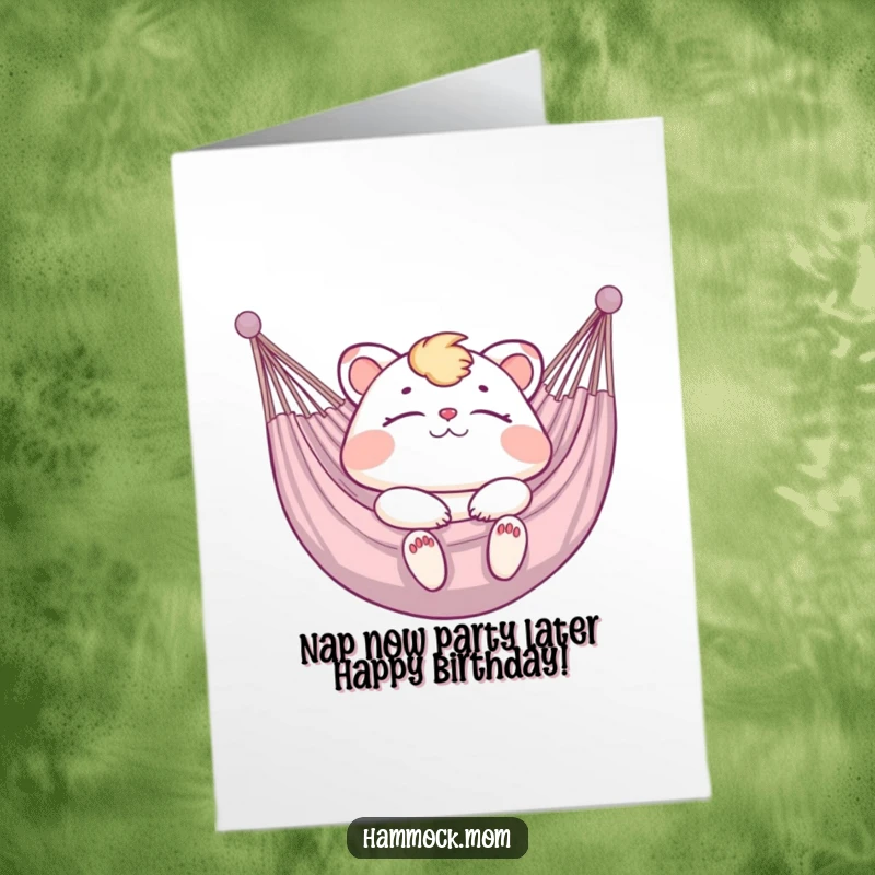 Funny free printable birthday card featuring a mom animal blissfully relaxing with eyes closed in a hammock.