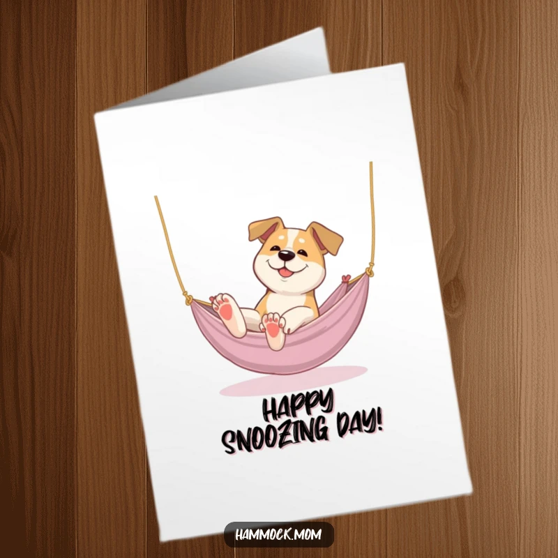 Funny Free Printable Birthday Card featuring a dog lazily stretching its paws while comfortably in a hammock. Pure bliss inside!
