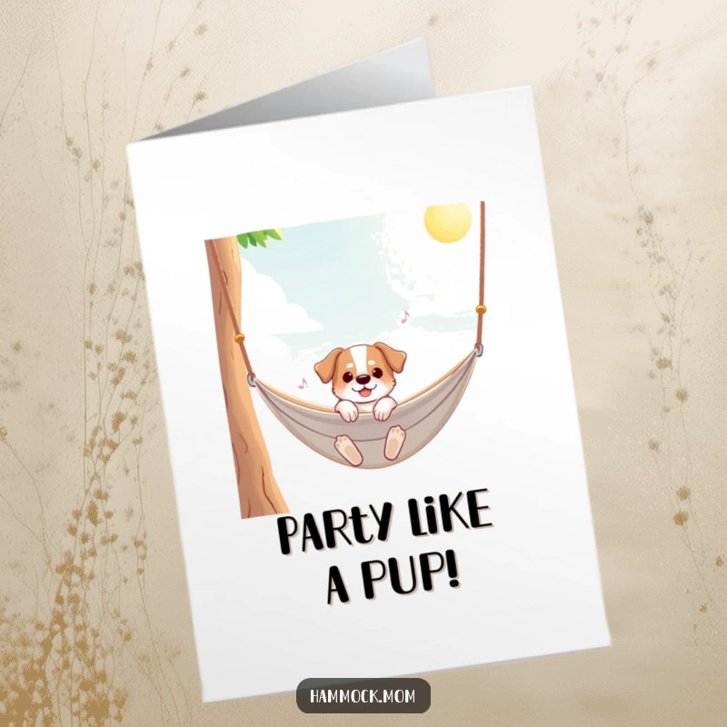 Funny Free Printable Birthday Card featuring a dog gently swaying in a hammock under a bright, sunny sky. Joyful and relaxing.