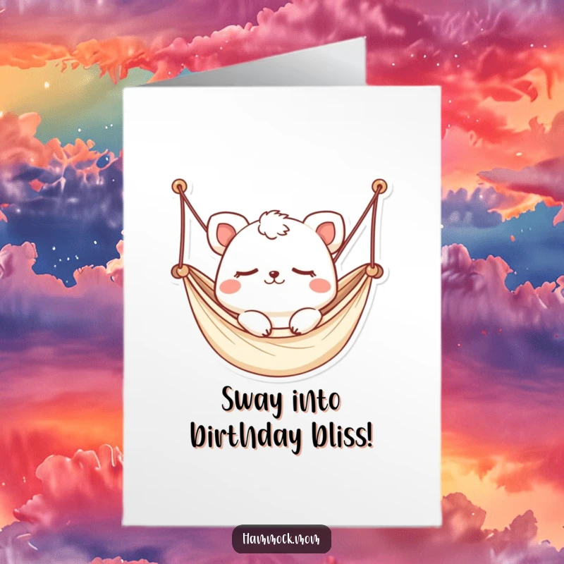 Funny Free Printable Birthday Card: Eyes-closed Kawaii animal gently swaying in a hammock, dreaming peacefully.