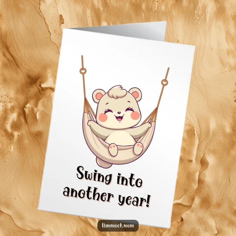 Funny free printable birthday card shows a mom animal gently swinging in a hammock with a happy smile.