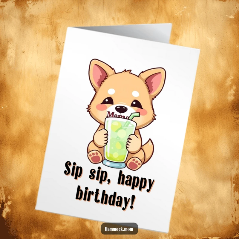 Funny Free Printable Birthday Card: Relaxed mama dog holding a drink with a straw, looking happy.