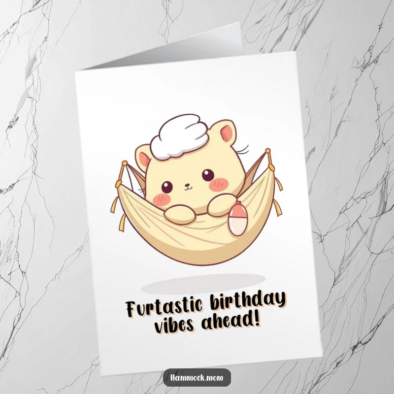 Funny Free Printable Birthday Card: Kawaii animal blissfully lounging in a hammock, fur gently rustled by a breeze, pure joy.