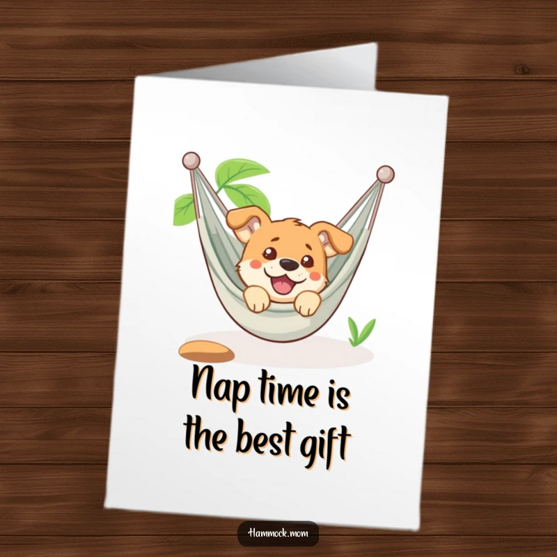 Funny Free Printable Birthday Card: Amused dog peering from a hammock, radiating pure relaxation and humor.